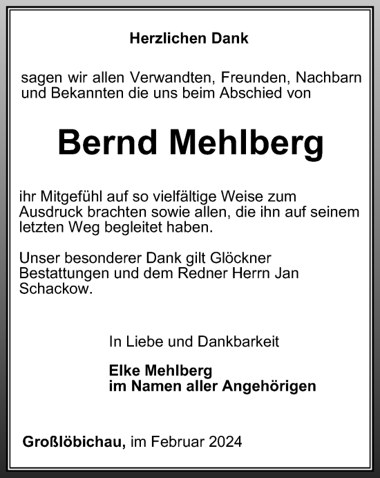 Traueranzeige von Bernd Mehlberg von Ostthüringer Zeitung