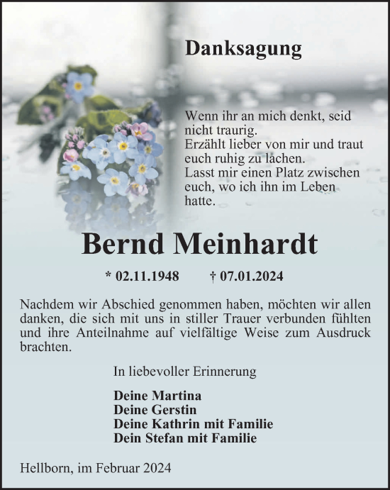 Traueranzeige von Bernd Meinhardt von Ostthüringer Zeitung