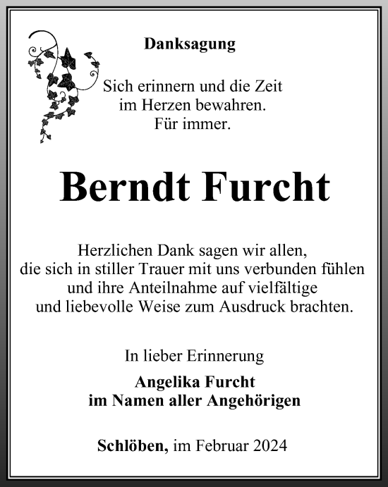 Traueranzeige von Berndt Furcht von Ostthüringer Zeitung