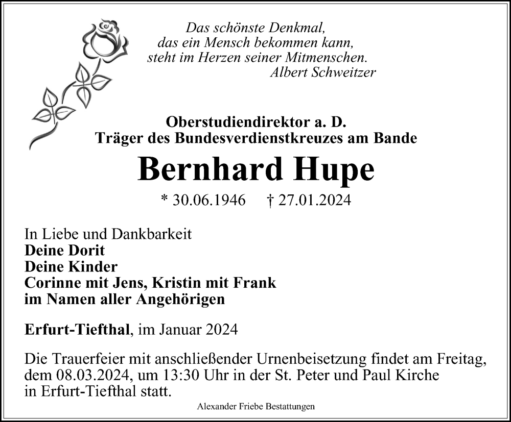  Traueranzeige für Bernhard Hupe vom 17.02.2024 aus Thüringer Allgemeine, Thüringische Landeszeitung