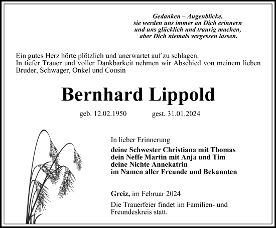 Traueranzeige von Bernhard Lippold von Ostthüringer Zeitung