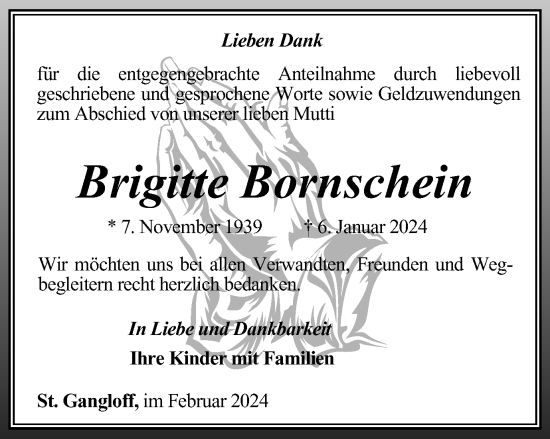 Traueranzeige von Brigitte Bornschein von Ostthüringer Zeitung