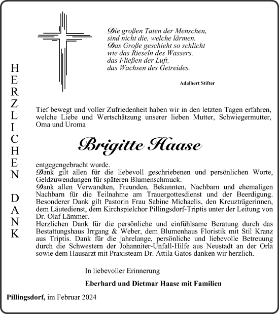 Traueranzeige von Brigitte Haase von Ostthüringer Zeitung