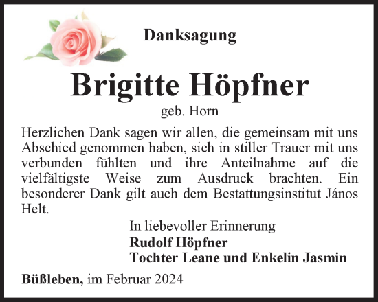 Traueranzeige von Brigitte Höpfner von Thüringer Allgemeine, Thüringische Landeszeitung