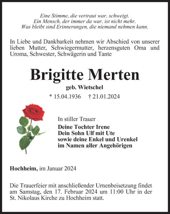Traueranzeige von Brigitte Merten von Thüringer Allgemeine, Thüringische Landeszeitung