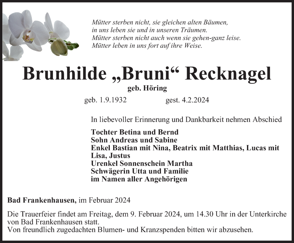  Traueranzeige für Brunhilde Recknagel vom 08.02.2024 aus Thüringer Allgemeine