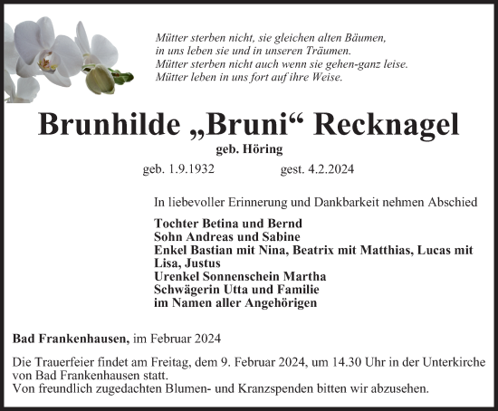 Traueranzeige von Brunhilde Recknagel von Thüringer Allgemeine