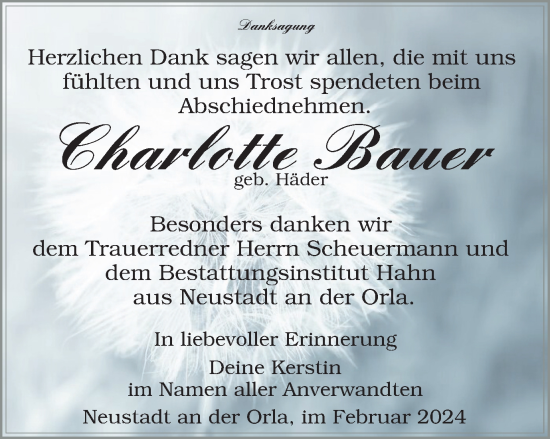 Traueranzeige von Charlotte Bauer