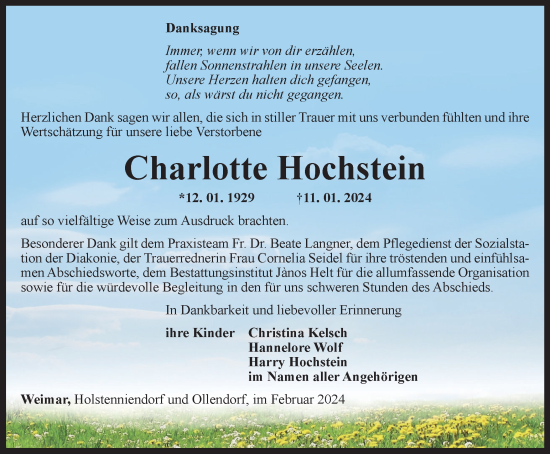 Traueranzeige von Charlotte Hochstein von Thüringer Allgemeine
