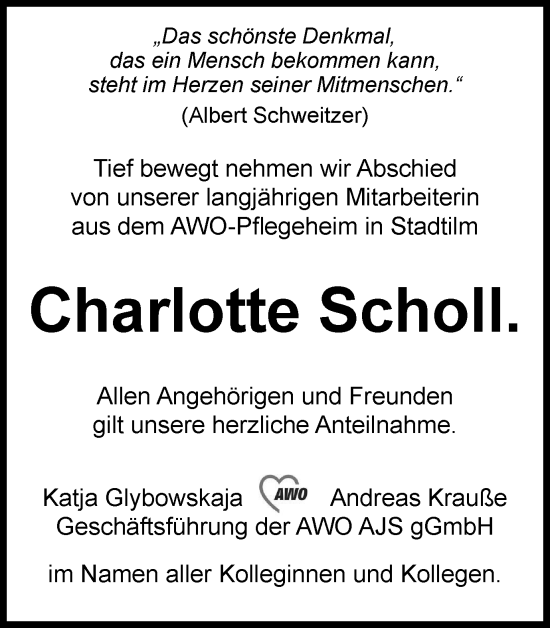 Traueranzeige von Charlotte Scholl von Thüringer Allgemeine