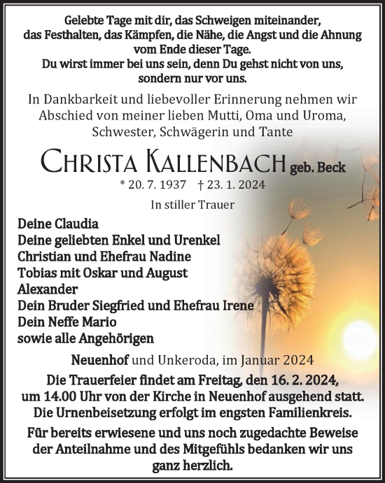 Traueranzeige von Christa Kallenbach von Thüringer Allgemeine, Thüringische Landeszeitung