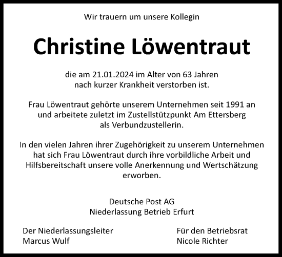Traueranzeige von Christine Löwentraut von Thüringer Allgemeine, Thüringische Landeszeitung