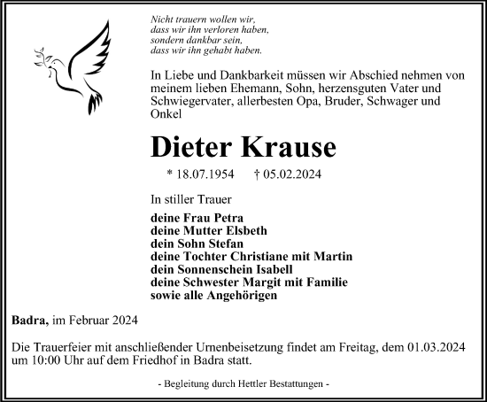 Traueranzeige von Dieter Krause von Thüringer Allgemeine