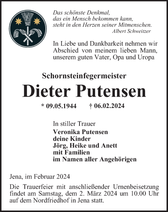 Traueranzeige von Dieter Putensen von Ostthüringer Zeitung, Thüringische Landeszeitung