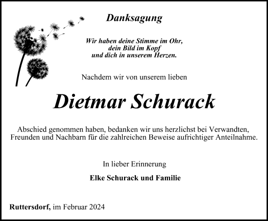 Traueranzeige von Dietmar Schurack von Ostthüringer Zeitung