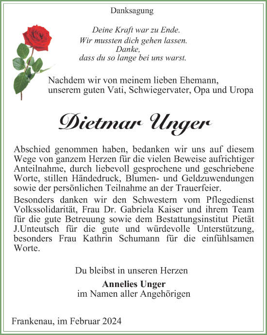 Traueranzeige von Dietmar Unger von Ostthüringer Zeitung