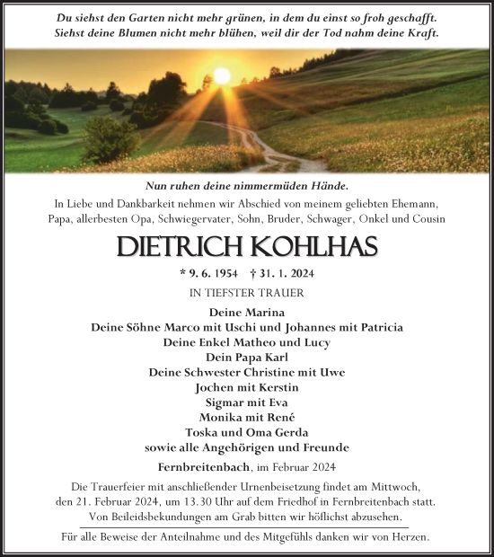 Traueranzeige von Dietrich Kohlhas von Thüringer Allgemeine, Thüringische Landeszeitung