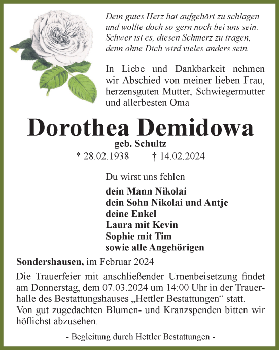 Traueranzeige von Dorothea Demidowa von Thüringer Allgemeine