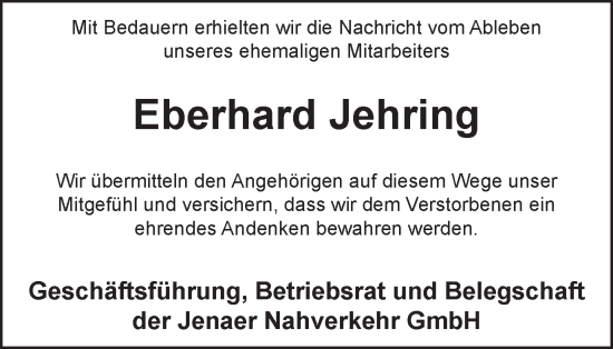 Traueranzeige von Eberhard Jehring von Ostthüringer Zeitung, Thüringische Landeszeitung