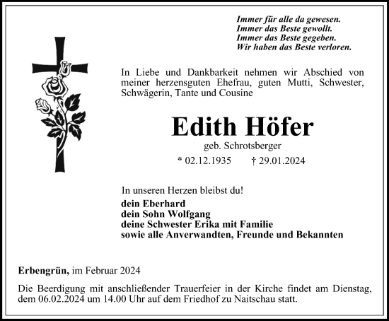 Traueranzeige von Edith Höfer
