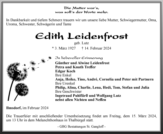 Traueranzeige von Edith Leidenfrost von Ostthüringer Zeitung