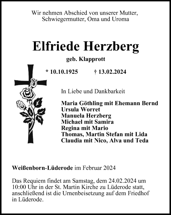 Traueranzeige von Elfriede Herzberg von Thüringer Allgemeine