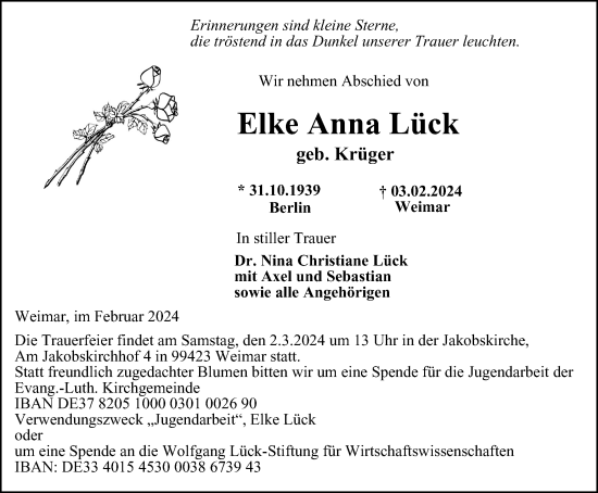 Traueranzeige von Elke Anna Lück von Thüringer Allgemeine, Thüringische Landeszeitung