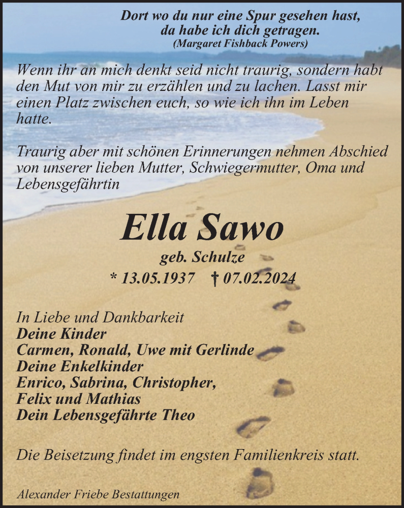  Traueranzeige für Ella Sawo vom 17.02.2024 aus Thüringer Allgemeine, Thüringische Landeszeitung