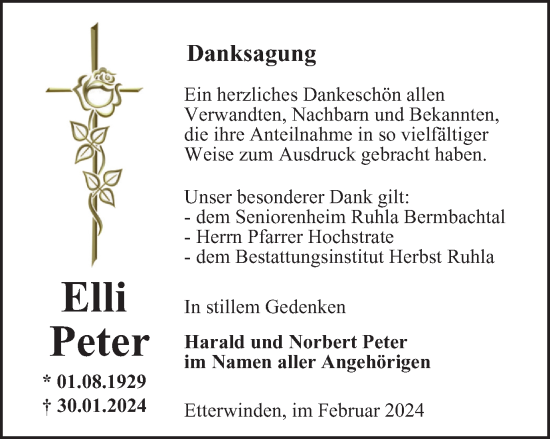 Traueranzeige von Elli Peter von Thüringer Allgemeine, Thüringische Landeszeitung