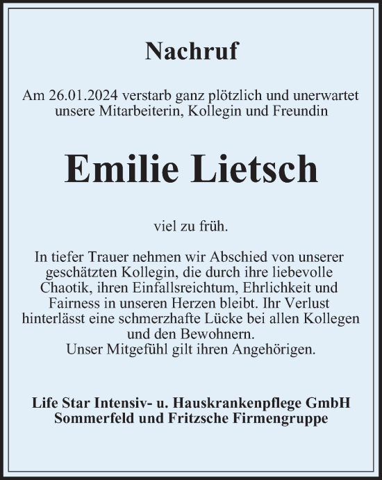Traueranzeige von Emilie Lietsch von Ostthüringer Zeitung