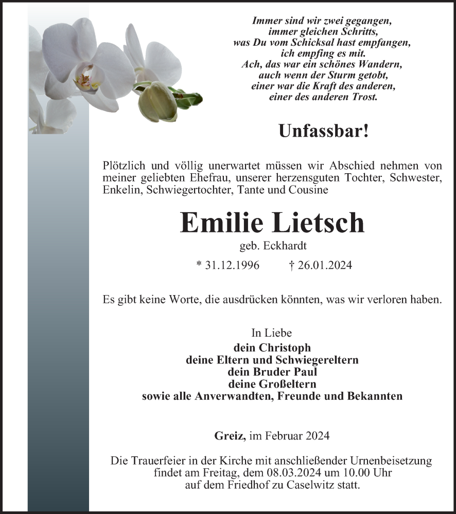  Traueranzeige für Emilie Lietsch vom 16.02.2024 aus Ostthüringer Zeitung