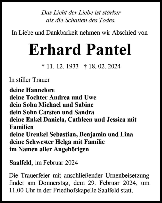 Traueranzeige von Erhard Pantel von Ostthüringer Zeitung