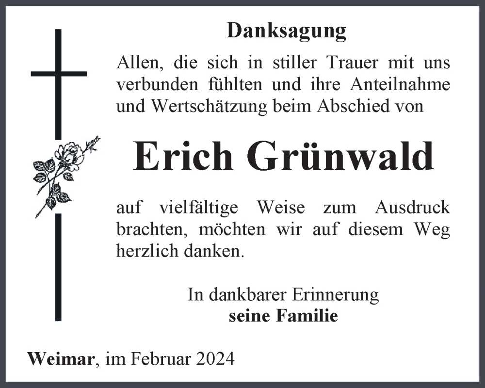 Traueranzeige für Erich Grünwald vom 03.02.2024 aus Thüringer Allgemeine, Thüringische Landeszeitung