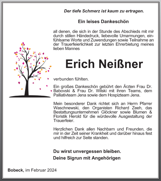Traueranzeige von Erich Neißner von Ostthüringer Zeitung
