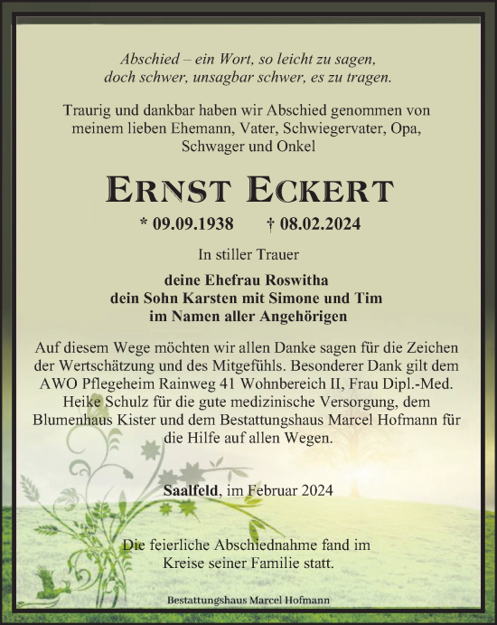 Traueranzeige von Ernst Eckert von Ostthüringer Zeitung