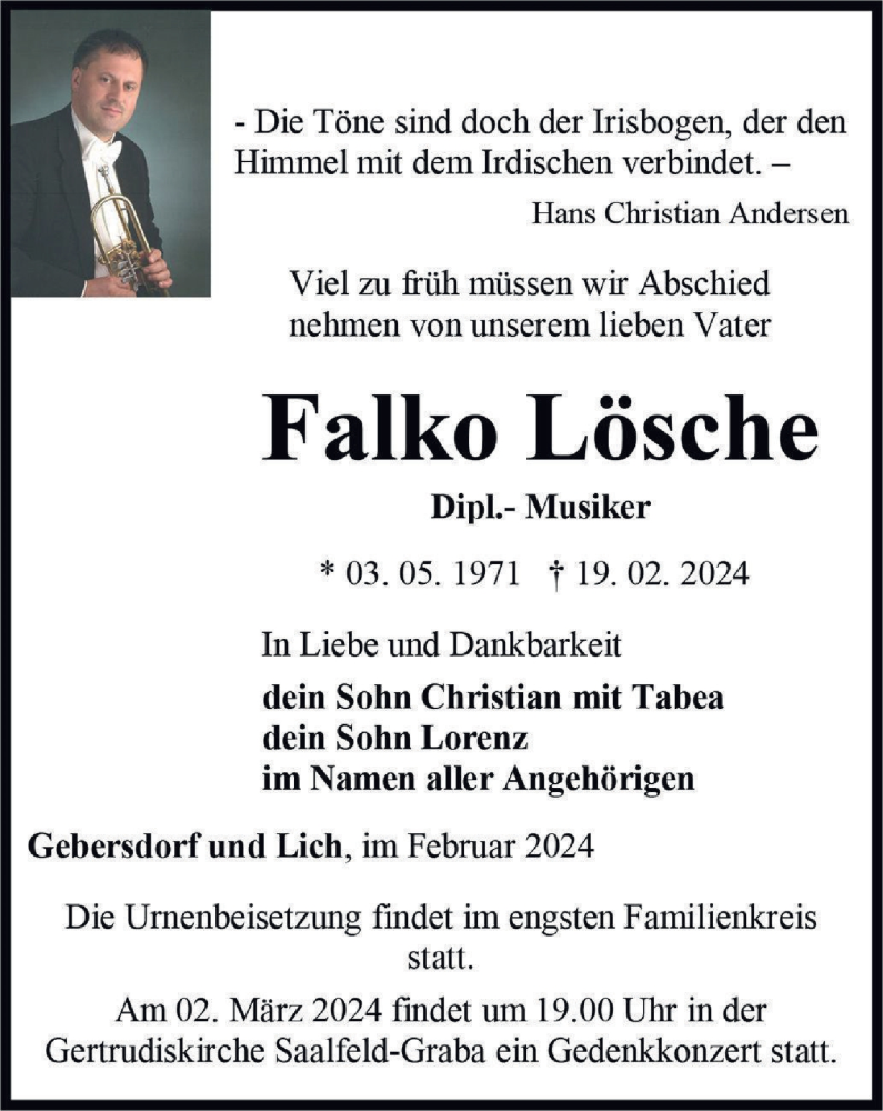  Traueranzeige für Falko Lösche vom 24.02.2024 aus Ostthüringer Zeitung