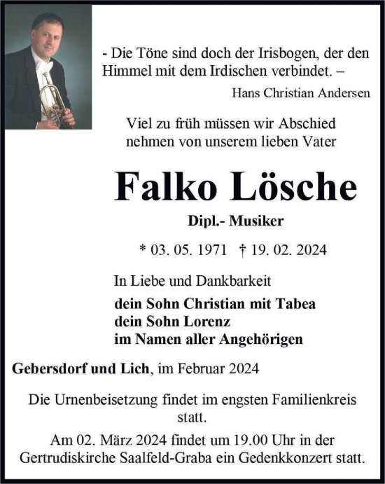 Traueranzeige von Falko Lösche von Ostthüringer Zeitung
