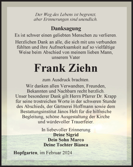 Traueranzeige von Frank Ziehn von Thüringer Allgemeine, Thüringische Landeszeitung