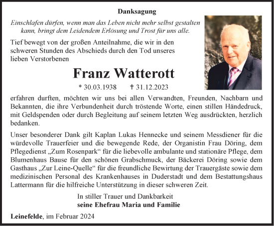 Traueranzeige von Franz Watterott von Thüringer Allgemeine