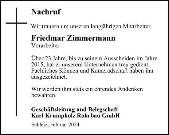 Traueranzeige von Friedmar Zimmermann von Ostthüringer Zeitung