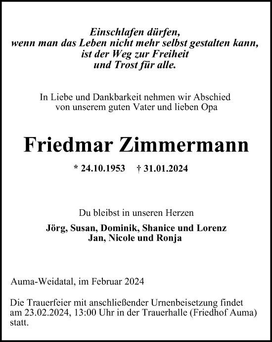Traueranzeige von Friedmar Zimmermann von Ostthüringer Zeitung