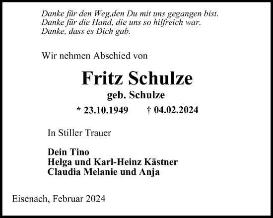 Traueranzeige von Fritz Schulze von Thüringer Allgemeine, Thüringische Landeszeitung