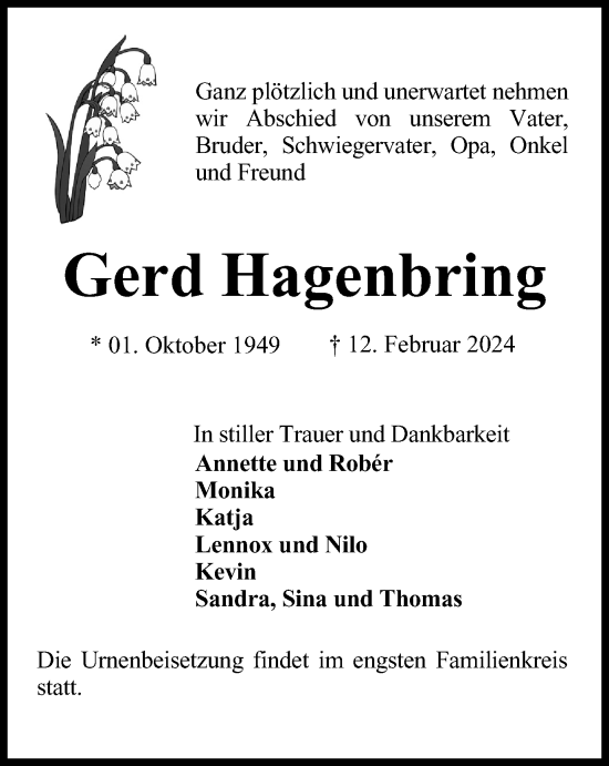 Traueranzeige von Gerd Hagenbring