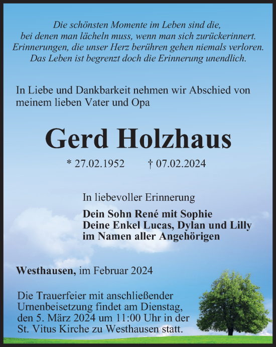 Traueranzeige von Gerd Holzhaus von Thüringer Allgemeine, Thüringische Landeszeitung