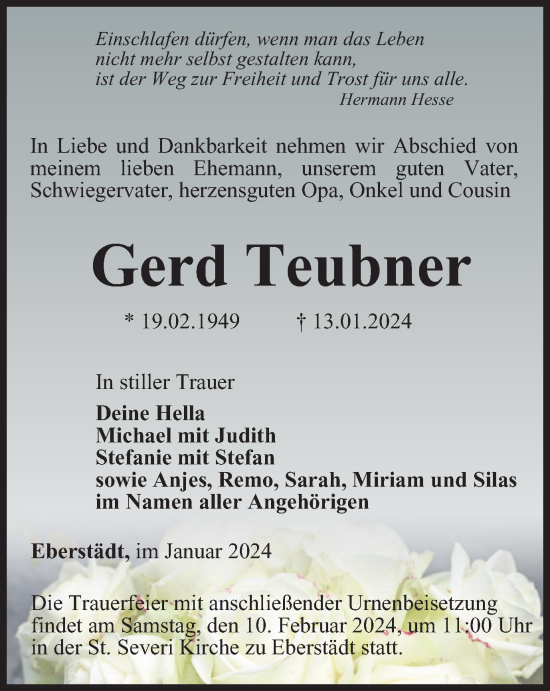 Traueranzeige von Gerd Teubner von Thüringer Allgemeine, Thüringische Landeszeitung