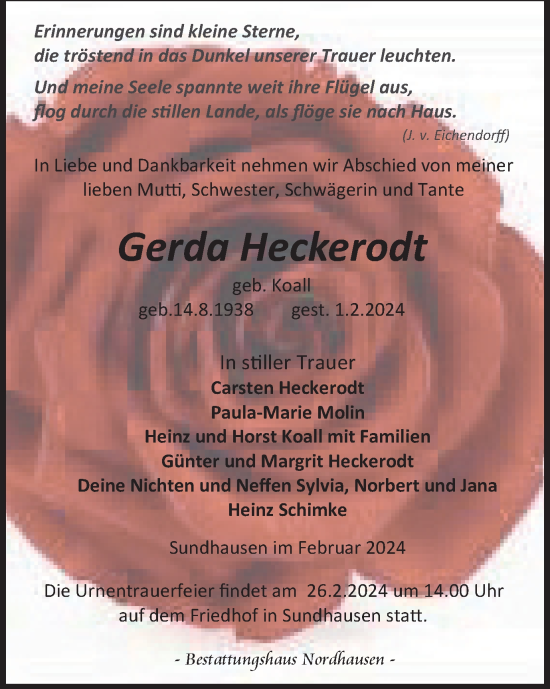 Traueranzeige von Gerda Heckerodt von Thüringer Allgemeine