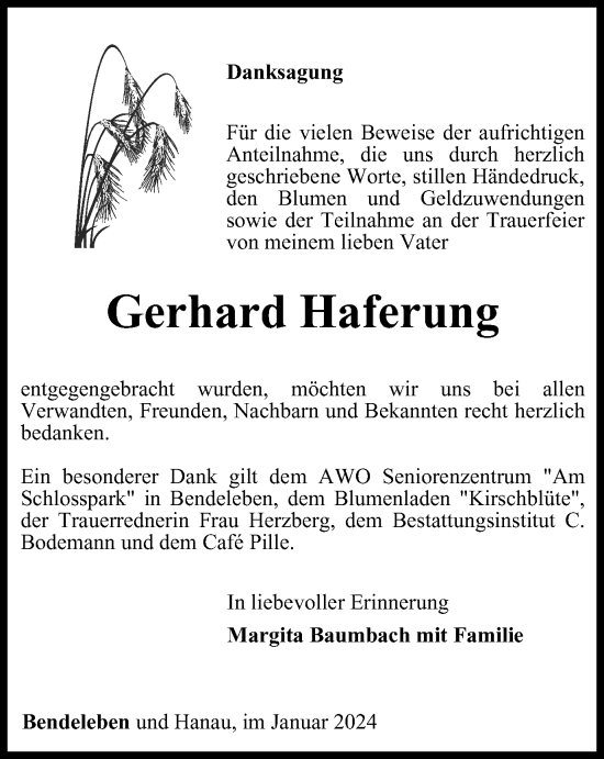 Traueranzeige von Gerhard Haferung