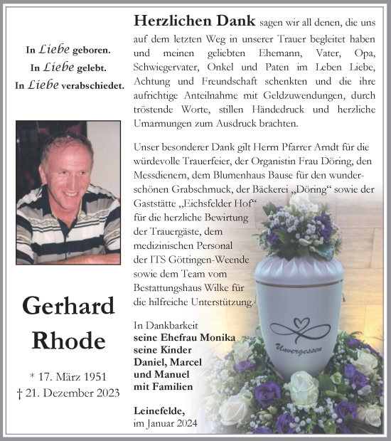 Traueranzeige von Gerhard Rhode von Thüringer Allgemeine