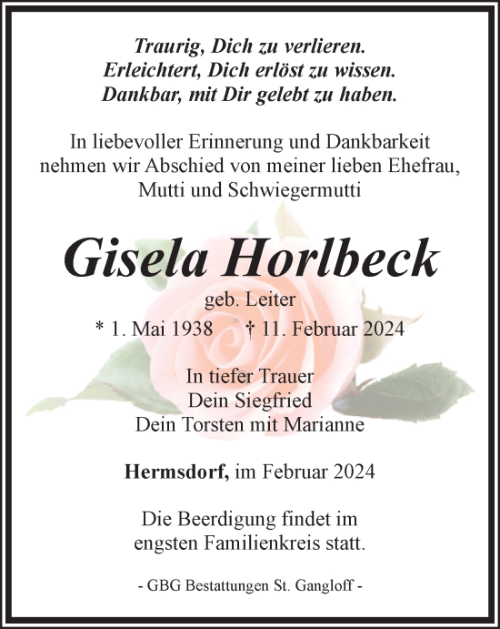 Traueranzeige von Gisela Horlbeck von Ostthüringer Zeitung