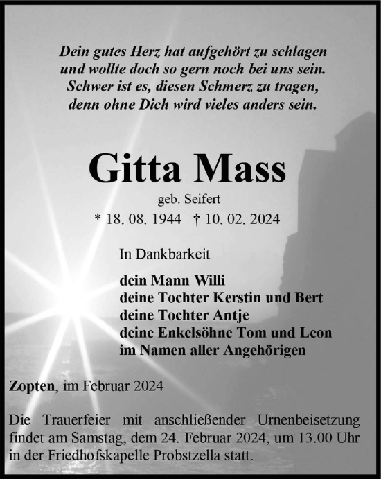 Traueranzeige von Gitta Mass von Ostthüringer Zeitung